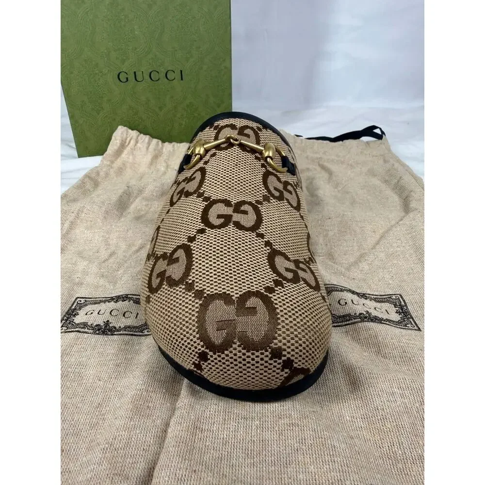 Gucci GG Supreme Maxi Horsebit Mules Canvas Slippers US 13.5 SPB-TS 371578